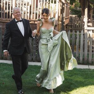 V. Chapman Sage Green Satin Ruffled Strap Wedding Dress